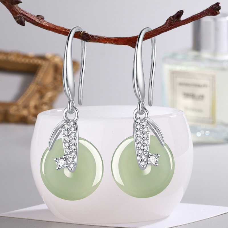 [Factory] Palace Green White Zircon Imitation Ping An Buckle Hetian Jade Earrings Women's Chalcedony Earrings Earrings Earrings Gem Earrings