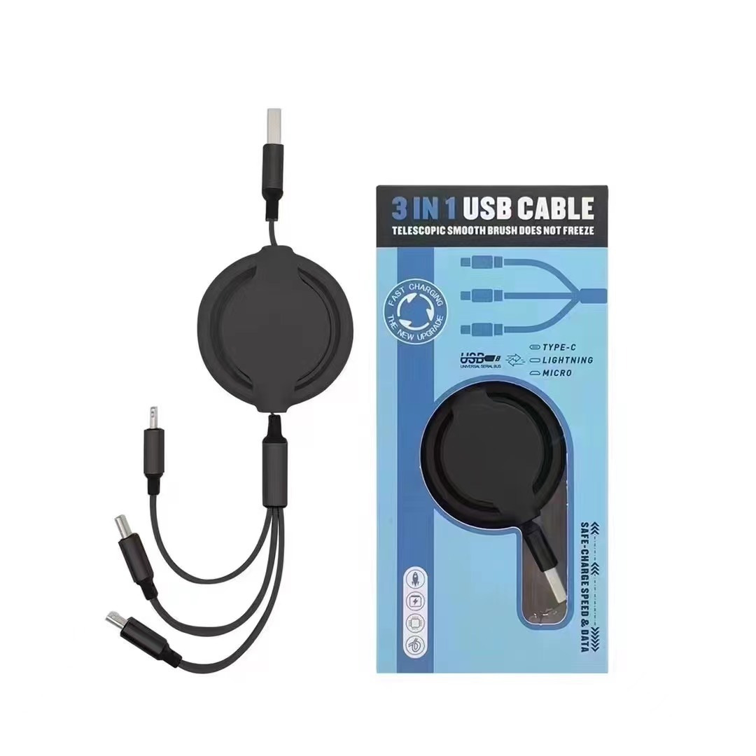 100W carga súper rápida, uno para tres cables de datos, cable de carga telescópico tres en uno, logotipo de regalo, carga de coche