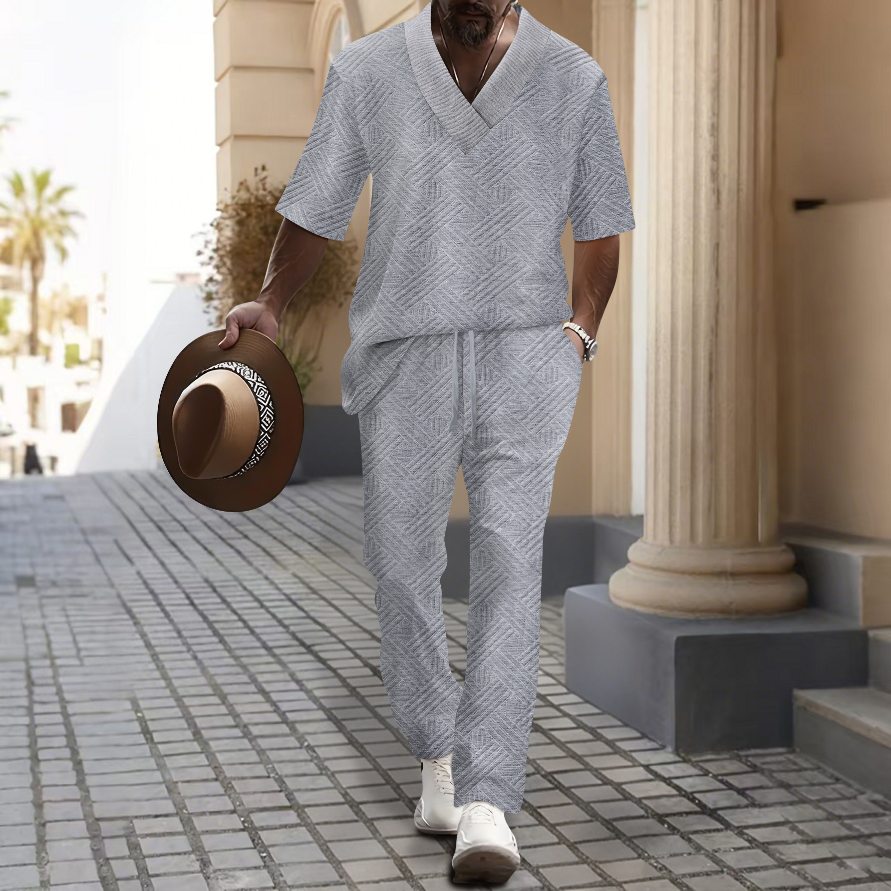 Men's Clothing Casual Short Sleeve V Neck Solid Color Jacquard Set American Style Summer Wear_viptrois.com