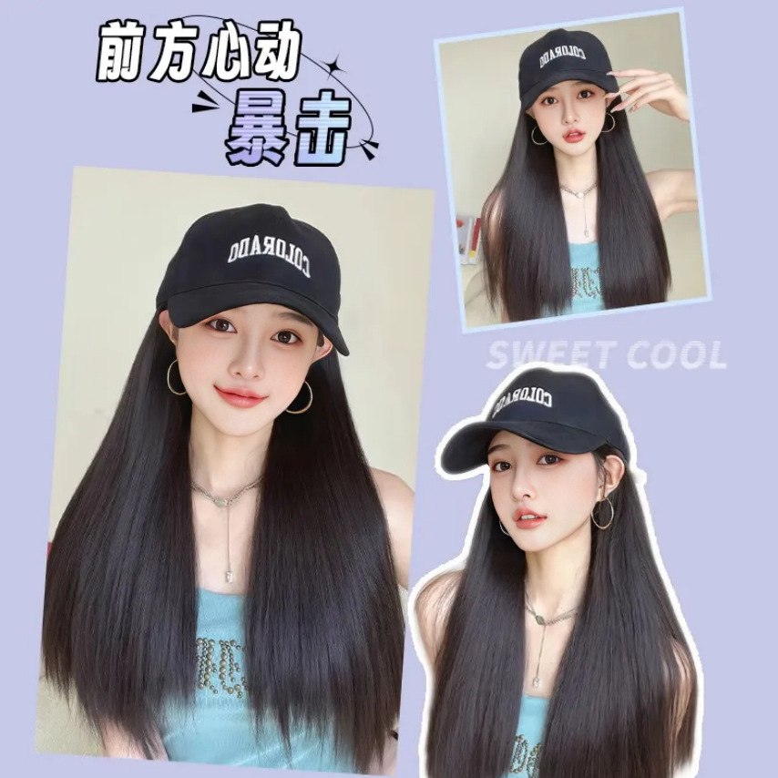 Peluca, sombrero de pelo largo para mujer, peluca, una moda, cabello largo y rizado, gorras de pelo liso, gorras naturales y realistas