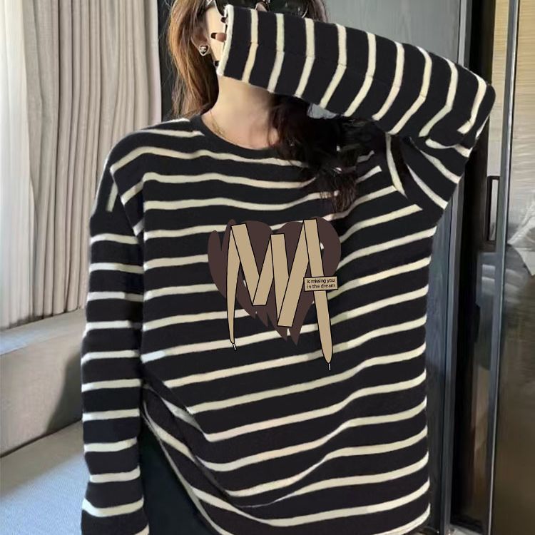 条纹设计感纯棉圆领长袖t恤女韩版宽松时尚百搭减龄上衣春秋季潮|undefined