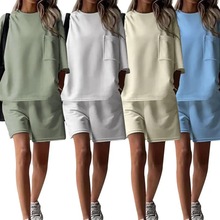 2025欧美跨境夏季新款休闲运动套装圆领短袖短裤两件套纯色女装