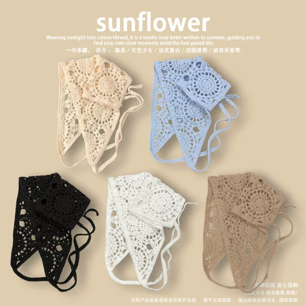 Popular Knitted Headscarf Headband for Women, French-Style Sunflower Outdoor Travel Ins-Style Sweet Crochet Triangle Scarf Wholesale