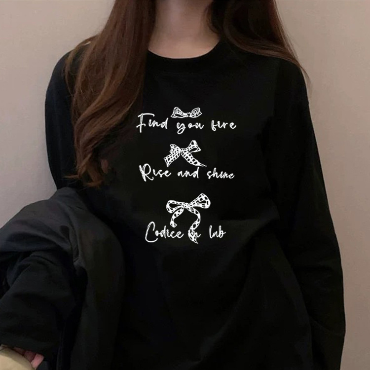 春秋季字母蝴蝶结印花设计感百搭休闲甜美风长袖上衣打底衫女|undefined