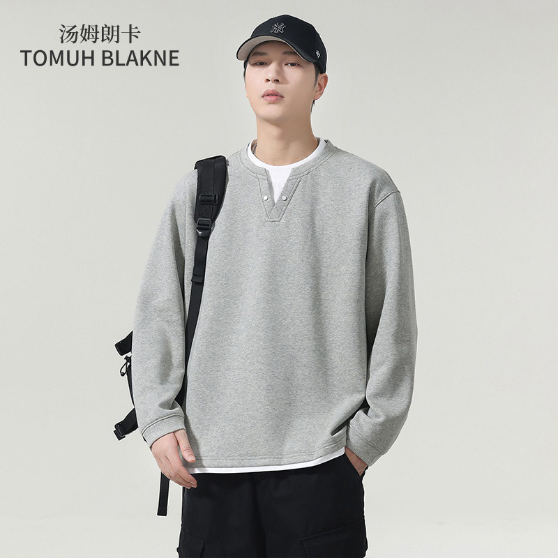 Men's layered faux two-piece V-neck long-sleeve sweatshirt, solid color thin fleece patchwork top, trendy men's base layer, one-piece drop shipping