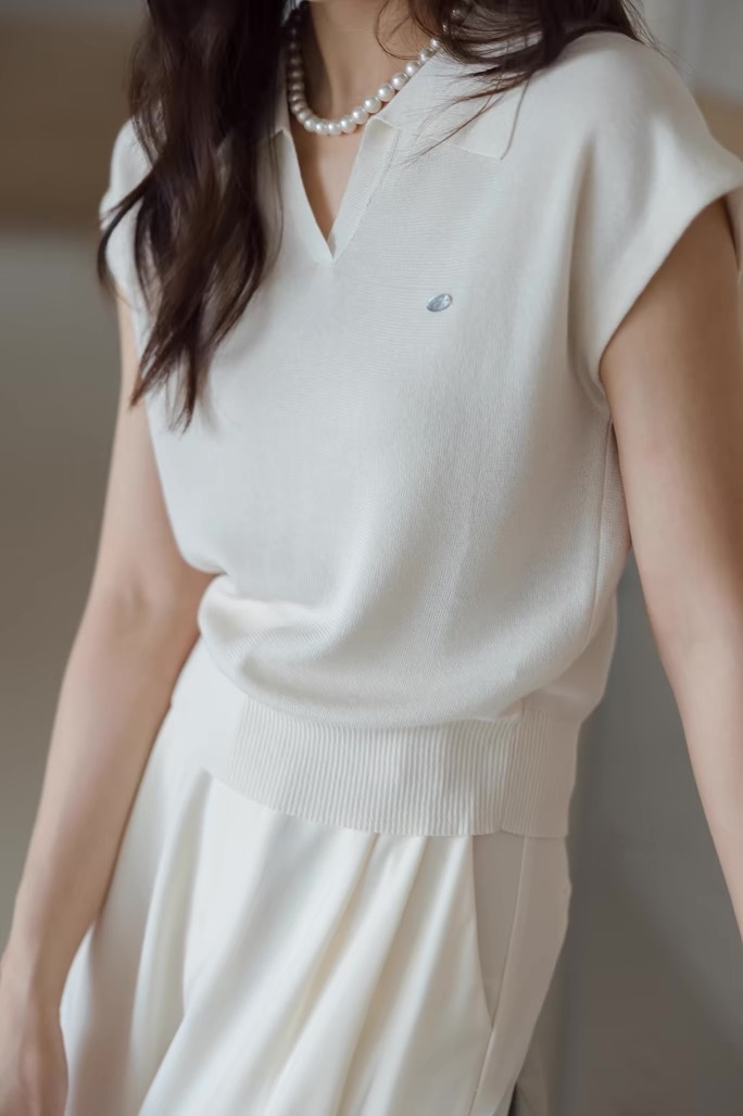 Áo polo nữ ngắn tay cổ bẻ chất liệu linen pha sợi dệt kim — màu đen chi tiết 9