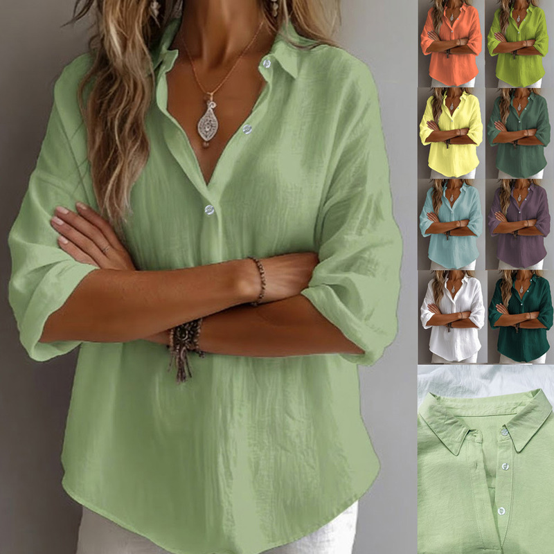 Spring and Summer European and American Cross-Border Women's Classic Solid Color Cotton-Linen Button-Down 3/4 Sleeve Shirt, Versatile and Easy to Match, Half-Open Collar