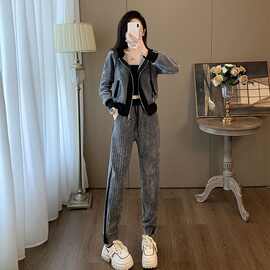 休闲百搭套装女春秋新款拼接撞色连帽拉链外套显瘦束脚裤两件套潮