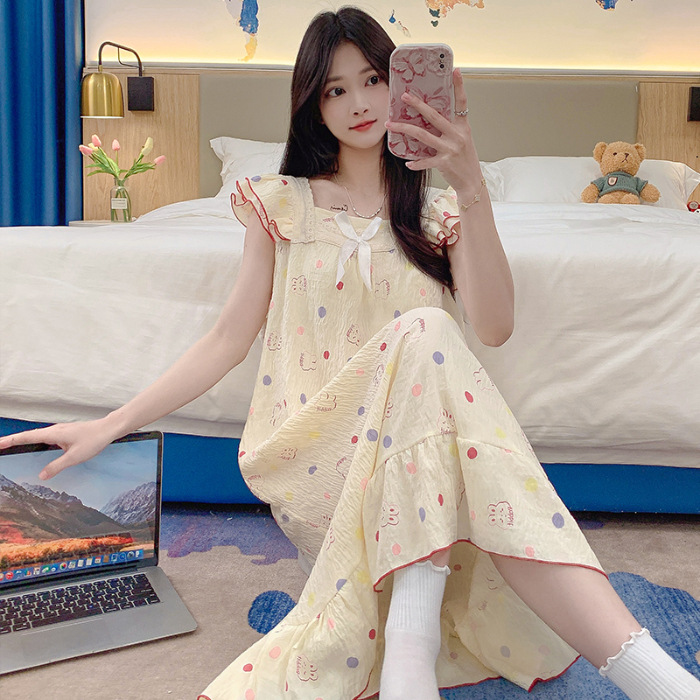 2024 verano vestido de pajama de mujer vestido largo suelto arco dulce dormitorio del campus se puede usar vestido de pijama rojo