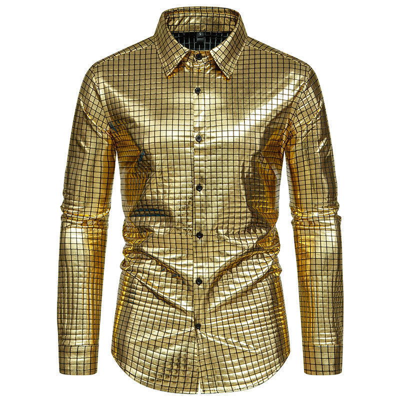 2025 Spring and Summer New Men's Shirt Cross-Border European Size Checkered Gold Printing Banquet Performance Long Sleeve Shirt 2025 Spring and Summer New Men's Shirt Cross-Border European Size Checkered Gold Printing Banquet Performance Long Sleeve Shirt