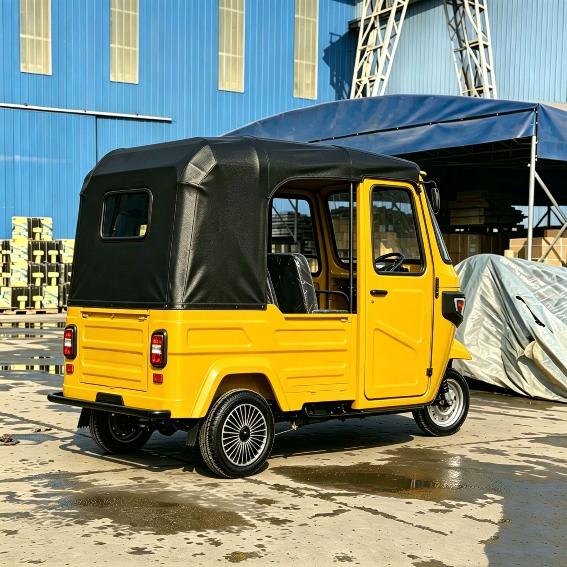 Yellow fully enclosed passenger tricycle for cross-border transportation in Southeast Asia and Africa, foreign trade export for passenger transport