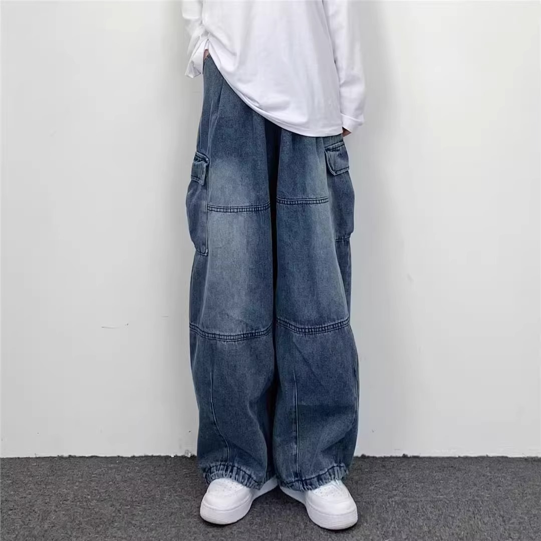 Lazy Vintage Tooling Wide-leg Jeans Men's Hong Kong Style Loose Oversize Big Pocket Retro Street Trousers_mkmklike.com