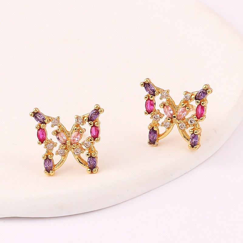 Retro Butterfly Copper Inlay Zircon Ear Studs 1 Pair