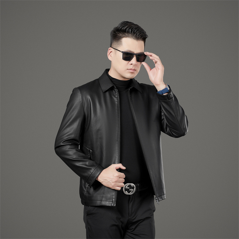 Big Brand Classy Goatskin Men's Genuine Leather Jacket Business Lapel Fleece-Lined Jacket Warm Short Top