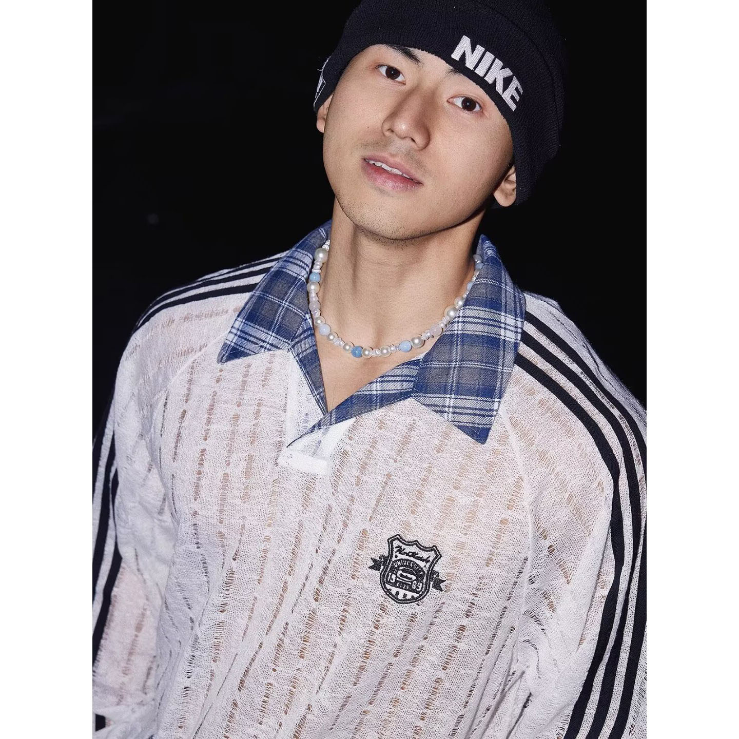 Otoño y invierno nuevo falso de dos piezas de manga larga hombre hueco polo camiseta con solapa cuadrilátero desgastado tela artesanal comercio exterior al por mayor transfronterizo