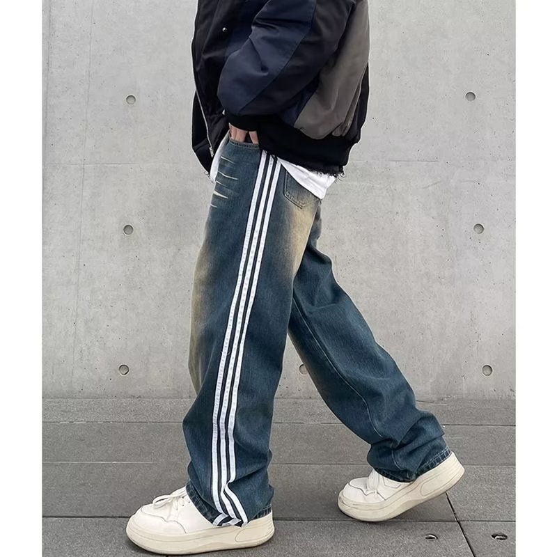 Jeans anchos de mezclilla para hombre, estilo vintage americano lavado, corte recto y suelto