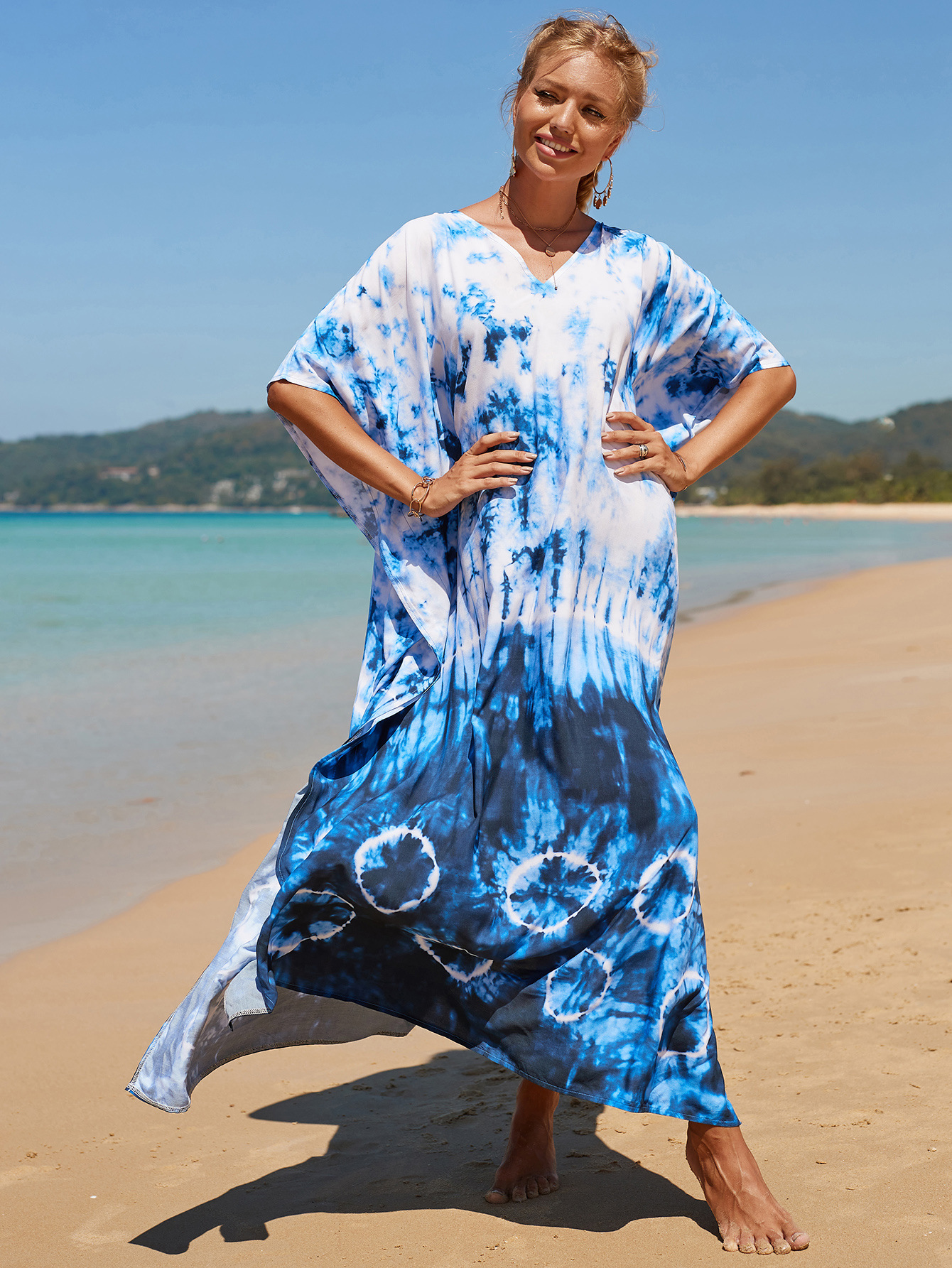 printed loose short sleeve v neck slit beach outdoor cover-up-Multicolor NSMUX131415