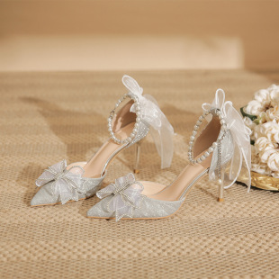 2025 New High Heels Women's Stiletto Heels Pointed Toe Sequined Hollow Shoes Wedding Shoes Fashionable Sexy Silver Women's Shoes Women