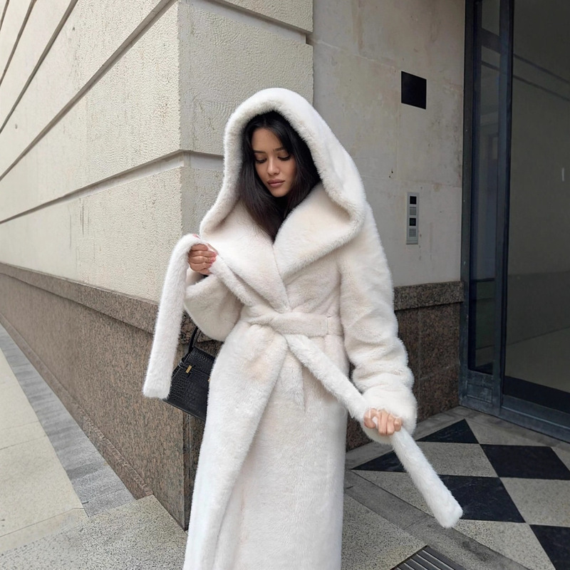 Cross-Border Mink Fur Imitation Fur Outwear, Extra Long Artificial Fur Outwear, Hooded Belt Plush Clothing