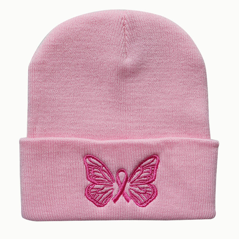 Chapeau tricoté en laine rose pour hommes et femmes, tendance automne et hiver, mignon papillon brodé, pull chaud, chapeau d'étudiant, nouvelle collection 2023_voghion.com