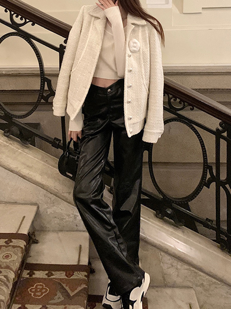 Yimeng pantalones de cuero para mujeres 2023 nuevos pantalones casuales adelgazantes rectos pantalones cruzados de cuero suave PU para mujeres Otoño e Invierno