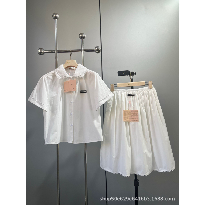 Mi Sweet Miu White Shirt Set Spring Button-Down New Style Lapel Short-Sleeve Shirt in Stock 25 Solid Colors