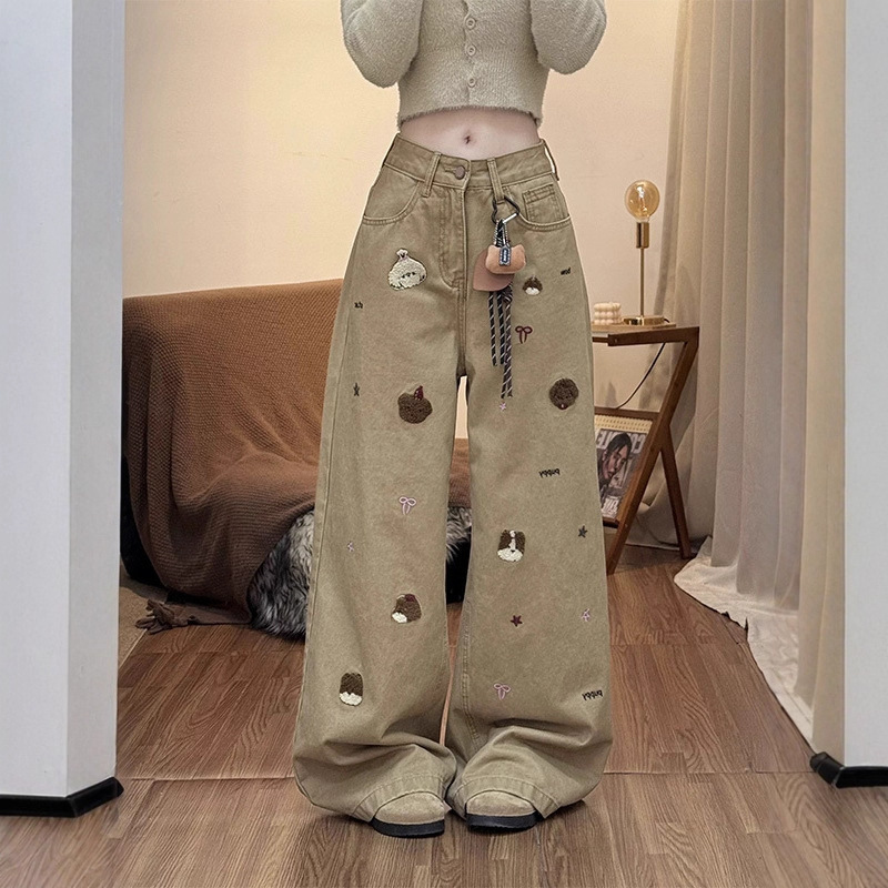 Cute Bear Embroidered Jeans Pants for Women 2025 Winter New Khaki High Waist Loose Wide Leg Pants