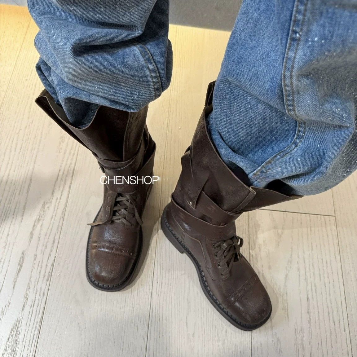 Женские ботинки на массивной платформе в британском стиле mid‑calf, толстая подошва, черный или коричневый