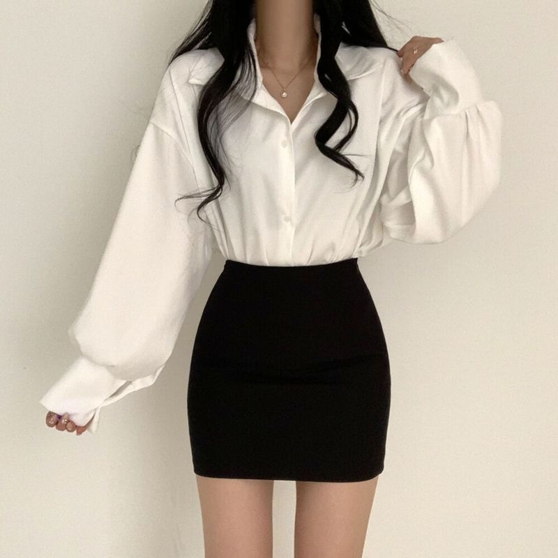パフスリーブ、ラペル、プロ仕様の白シャツ、女性デザイン、春と秋の大きいサイズのインナーレイヤリングシャツ|undefined