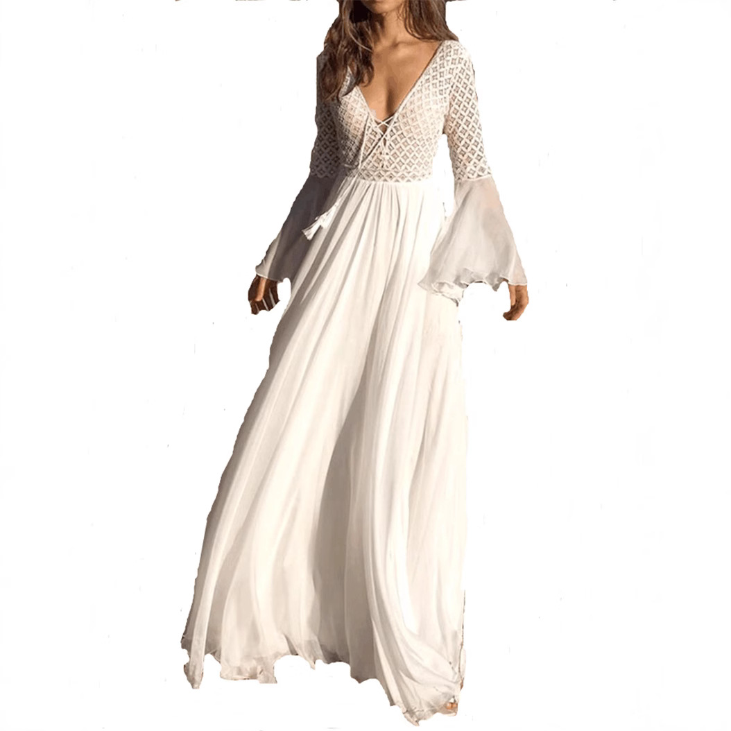 Robe bohème printemps/été 2023, patchwork de dentelle, style européen et américain, avec décolleté en V profond, manches cloche et taille cintrée._voghion.com