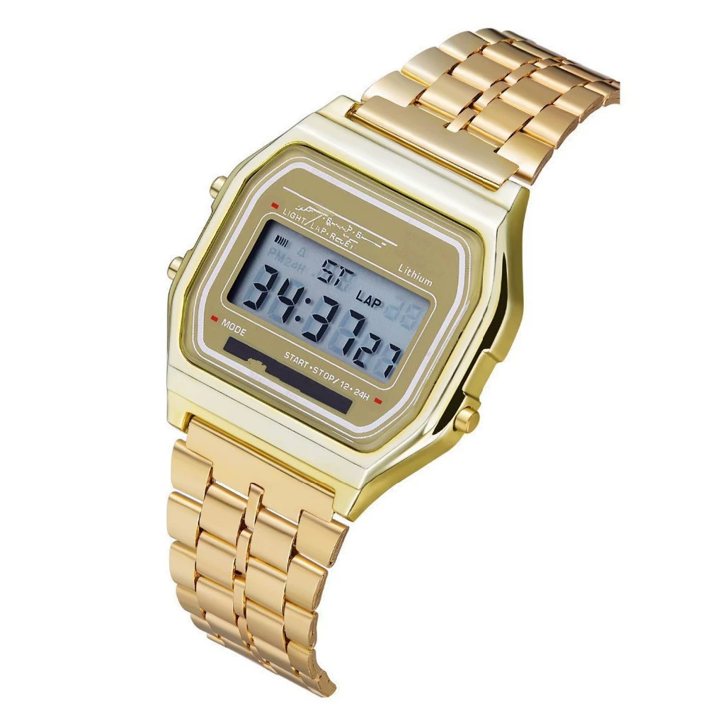 Умные часы Digital Watch 91W, браслет из нержавеющей стали, светодиодная подсветка, узкий дисплей 24 ч (Gold/Silver)