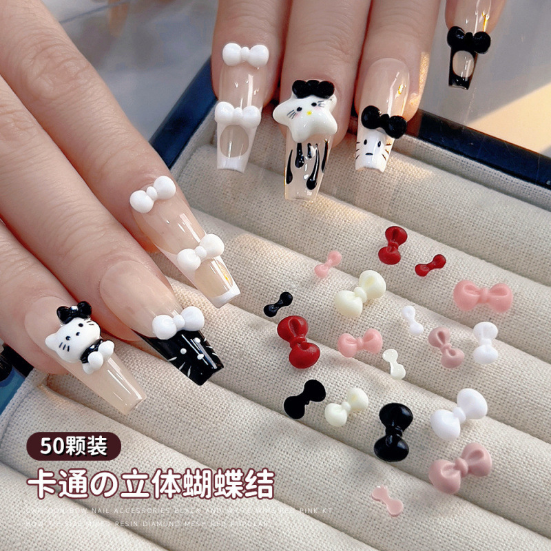 KT Bow Nail Art Accessories Mixed Sweet Cartoon Color Bow Tie Wear Armor Flat Bottom Resin Nail Drill Accessories