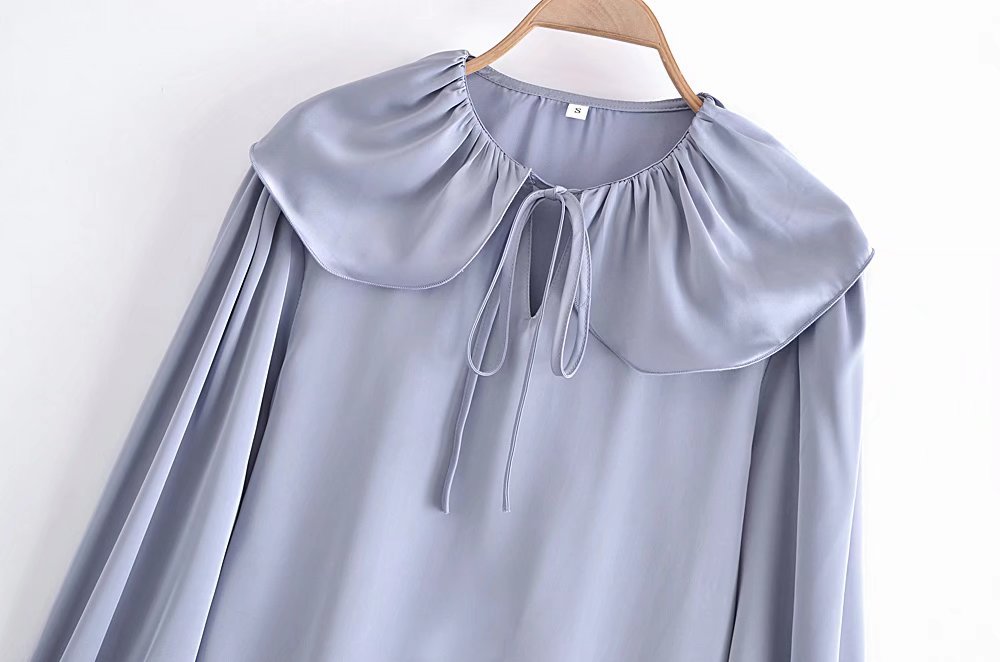 Long Sleeve Lapel Lace-Up Solid Color Chiffon Top NSAM115611