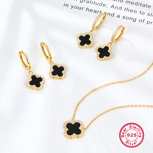 S925 Silver Jewelry Set Cross-border Hot Selection Enamel Natural Mother-of-Pearl Four-Leaf Clover Necklace Earrings Classic Versatile Style