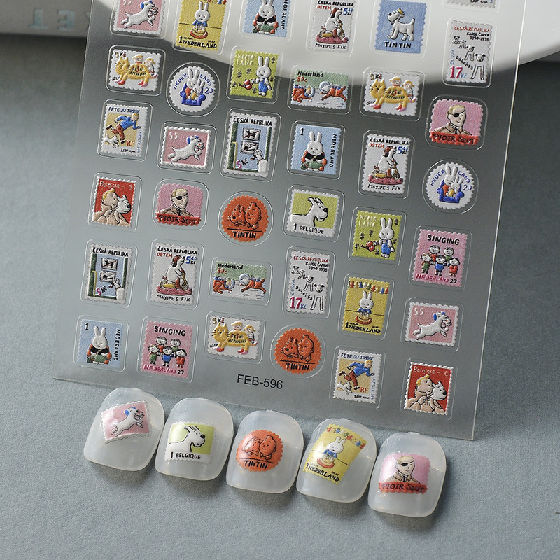 Yiwu sticker factory cute stamp nail sticker 5d relief diy color block nail piece decoration decals hand