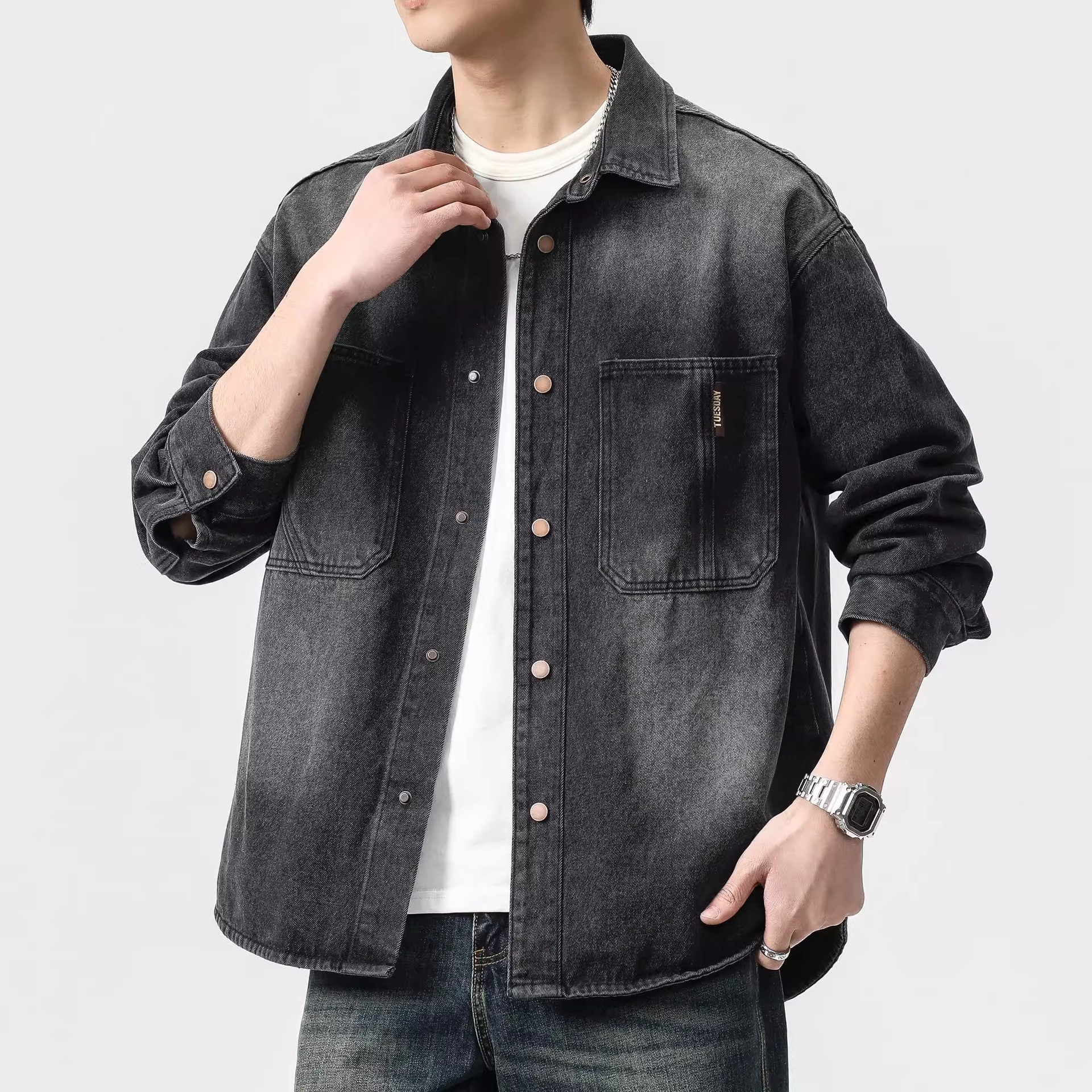 Workwear Denim Jacket Men's Spring Autumn New Long Sleeved Shirt Trendy Brand Retro Denim Jacket Men_voghion.com