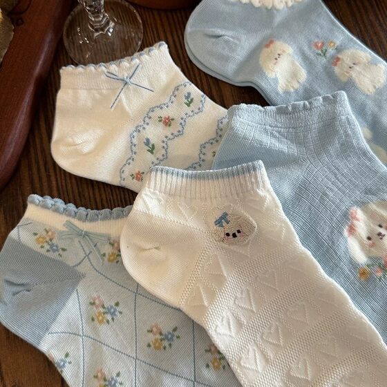 Cute Dog Socks Women's Summer Thin Short Socks Low-Cut Shallow Mouth Lace Japanese Bow Boneless Heel Mesh