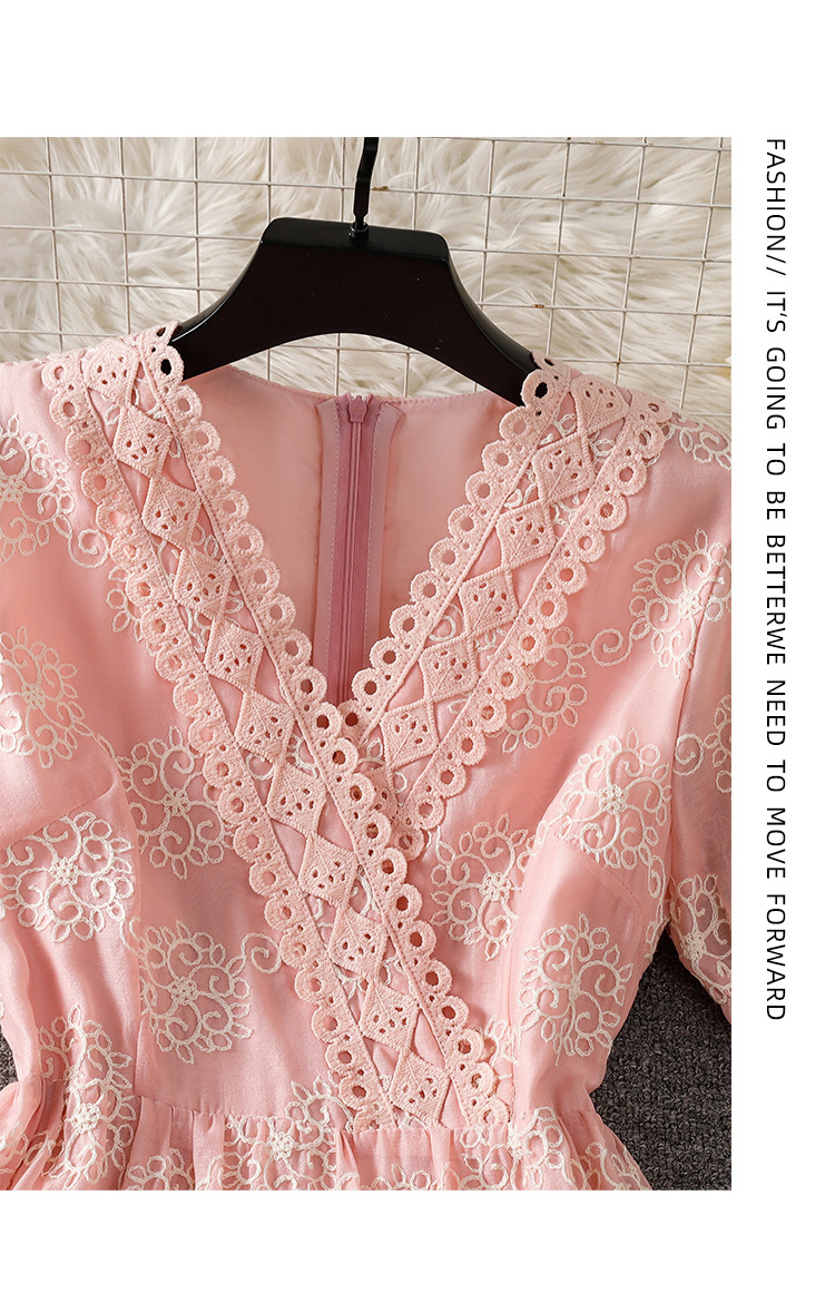 Đầm maxi nữ tay bồng ren hoa V cut-out phong cách Pháp cung đình — xanh lam, màu hồng, màu mơ chi tiết 53