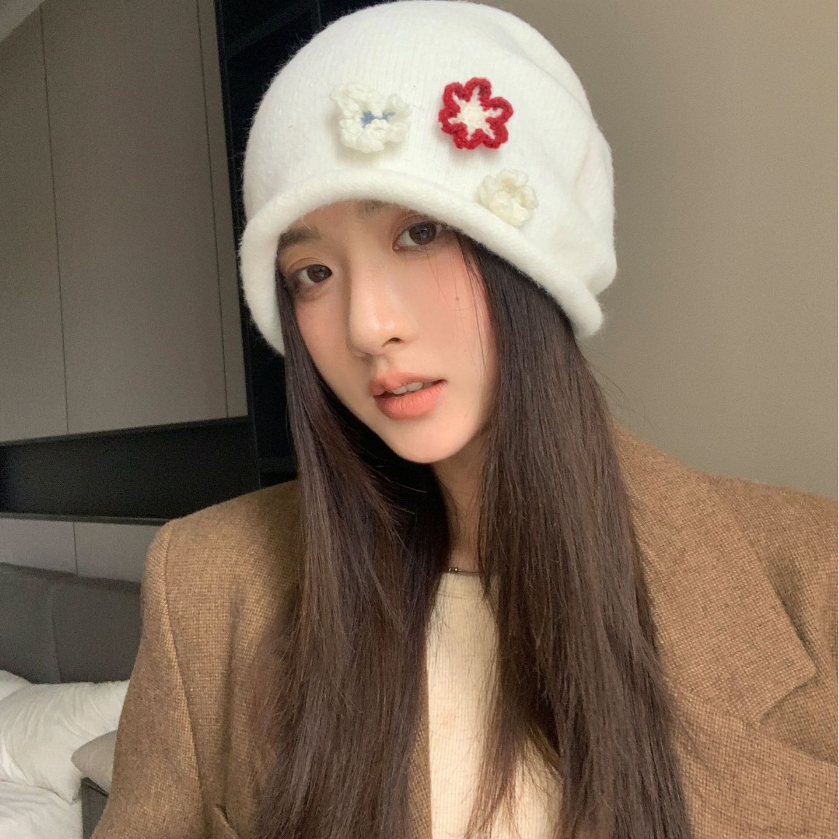 冬季新款韩版手工花堆堆帽冷帽保暖简约轻熟甜美风花朵毛线帽日系