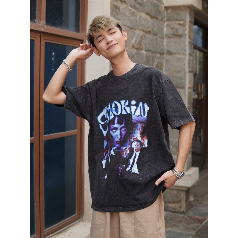 European and American top Movie Classic Pulp Novel Trendy Pure Cotton Short Sleeve Loose Round Neck Retro Design T-shirt for Men and Women