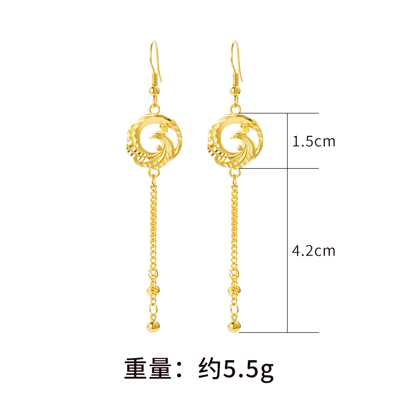 Arena oro gotas para los oídos de las mujeres Phoenix tallado borla pendientes no se desvanece temperamento estilo nacional Phoenix largo retro joyería
