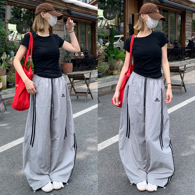 Gray High-Waisted Wide-Leg Casual Pants with Side Stripes, Thin Quick-Dry American-Style Lazy Style Slimming Jogger Pants for Women