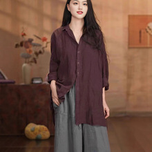 新款亚麻衬衫女复古纯色翻领长袖韩版高品质上衣文艺范休闲女装