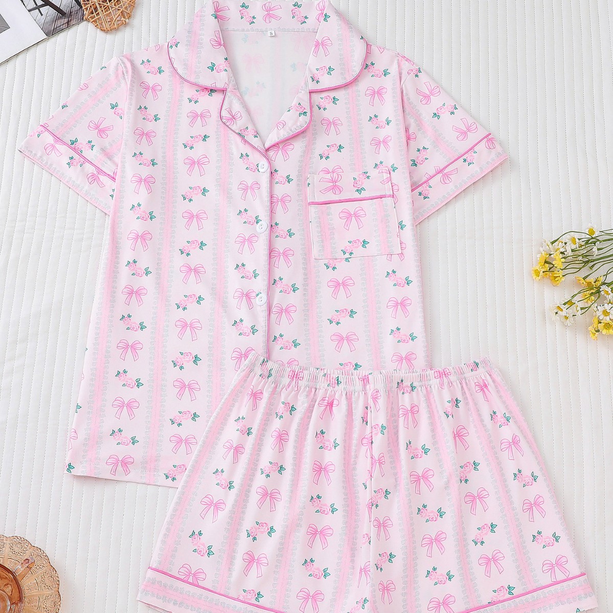 Comercio exterior transfronterizo estilo caliente casual pijamas de mujer pantalones cortos de manga corta con solapa impresa de verano traje de servicio a domicilio europeo y americano