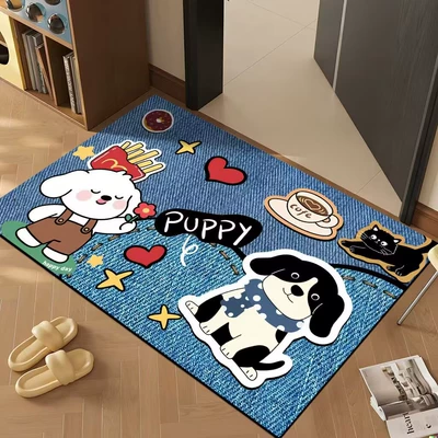 at the Entrance – Avtomobil döşəmə paspasları - denim-pattern-white-dog-tabby-cat-80x-100cm-rubber-bottom