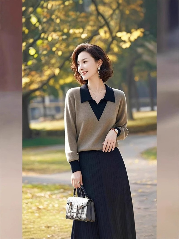 韓国風ポロカラーニットセーター女性用春の新しいスタイルの怠惰なハイエンドニットボトムインナートップ女性用|undefined