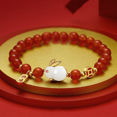 Chinese Style New Red Bead Wealth Attracting Jade Rabbit Bracelet Fashion Rabbit Bangle Gift for Girlfriend and Friend on New Year