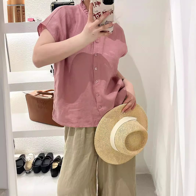 Plus Carefully Selected Plain Summer New 100% Linen Shirt Work Clothing Age-Reducing Lace Collar Small Shirt Short Top for Women