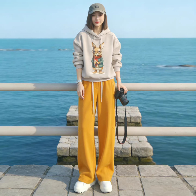 Casual Sports Suit for Women 2026 New Cartoon Print Lazy Style Hooded Sweatshirt Wide-Leg Pants Age-Reducing Two-Piece Set Casual Sports Suit for Women 2026 New Cartoon Print Lazy Style Hooded Sweatshirt Wide-Leg Pants Age-Reducing Two-Piece Set