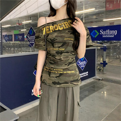 原版面料斜肩美式辣妹印花字母短袖T恤女夏修身显瘦复古气质上衣